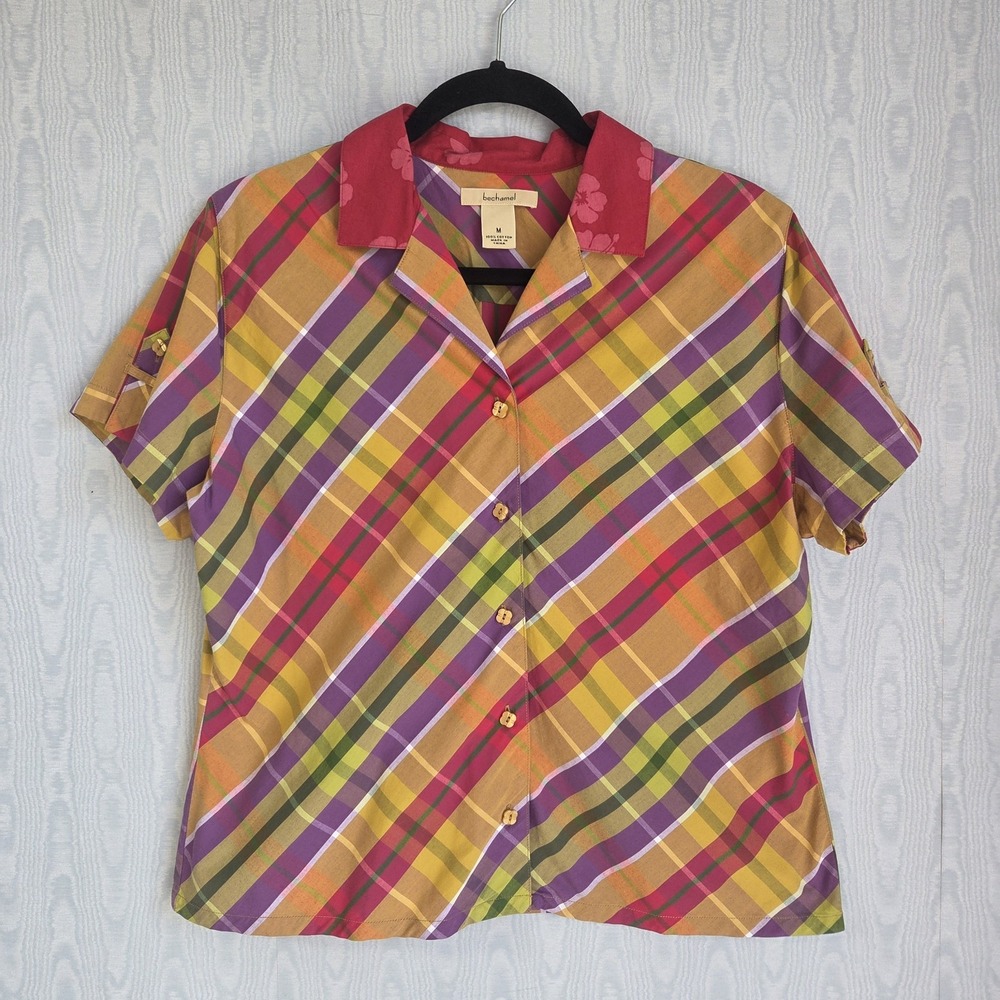 Vtg Y2K Bechamel Women's M Button Down Shirt Colorful Plaid Quirky Dopamine
